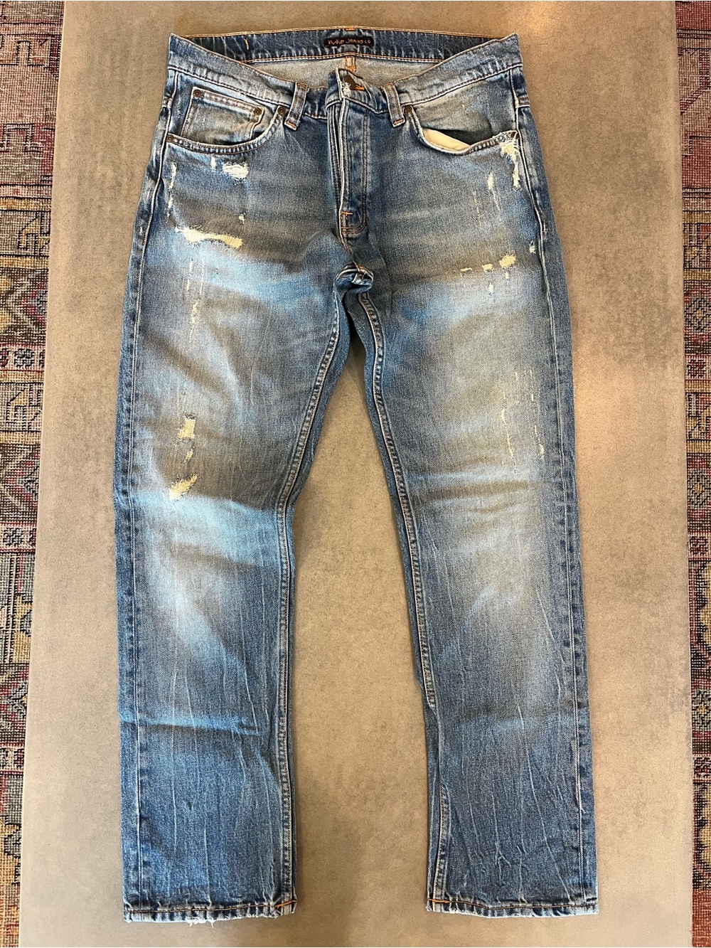 Nudie Jeans- Men's Blue Distressed Straight-Leg Jeans - Like New - 34x32